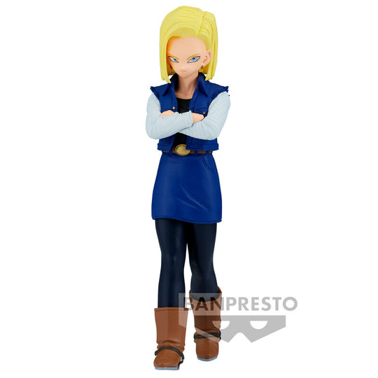 Vue avant de la figurine Android 18 Dragon Ball Z de 17 cm signée BANPRESTO avec détails précis