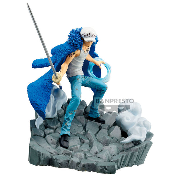 Figurine Trafalgar Law Senkozekkei de One Piece vue de face, hauteur 11cm avec base, détail soigné signé BANPRESTO
