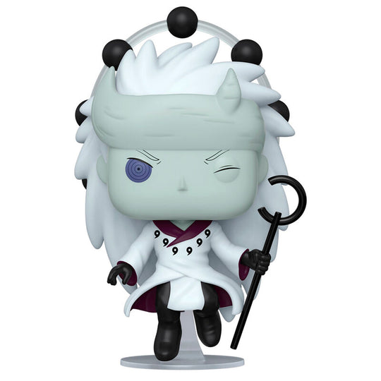 Vue rapprochée de la figurine Funko POP Madara Uchiha, détails précis du visage et costume du personnage emblématique de Naruto Shippuden.