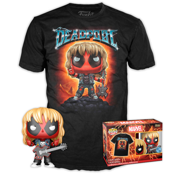 Set Marvel Deadpool avec figurine POP et t-shirt Heavy Metal FUNKO, vue produit unique et détaillée.