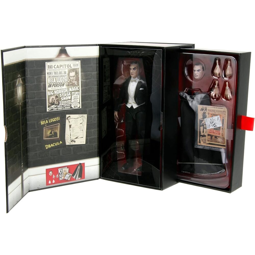 Figurine Dracula Bela Lugosi articulée avec cape déployée, illustrant les 20 points d'articulation