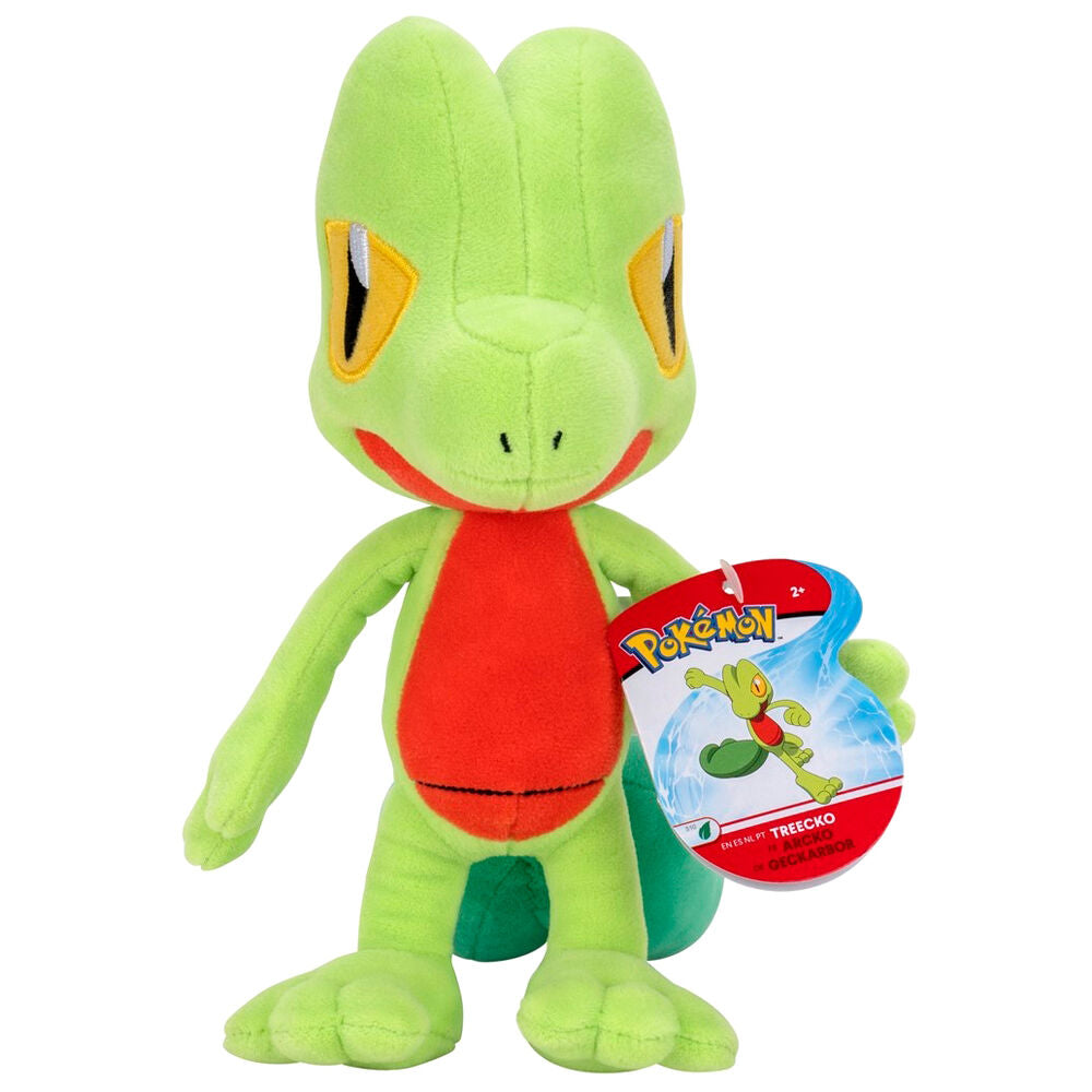 Peluche Treecko Pokémon posée sur un fond neutre mettant en valeur sa taille et son design
