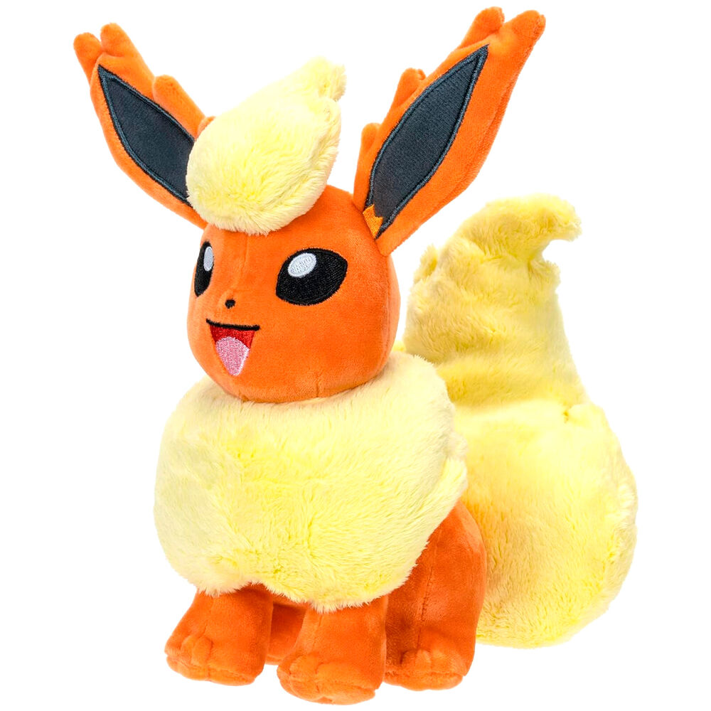 Peluche Flareon Pokémon vue de face avec ses détails orange et jaune vif