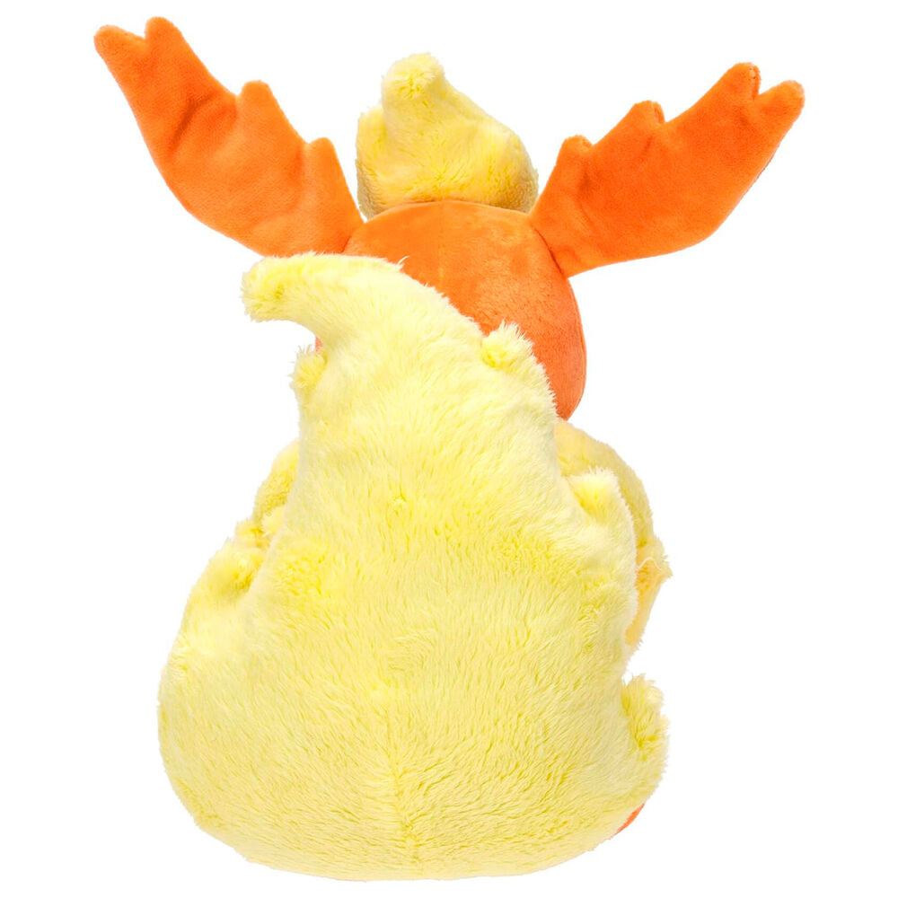Zoom sur le visage souriant de la peluche Flareon Pokémon de 20 cm