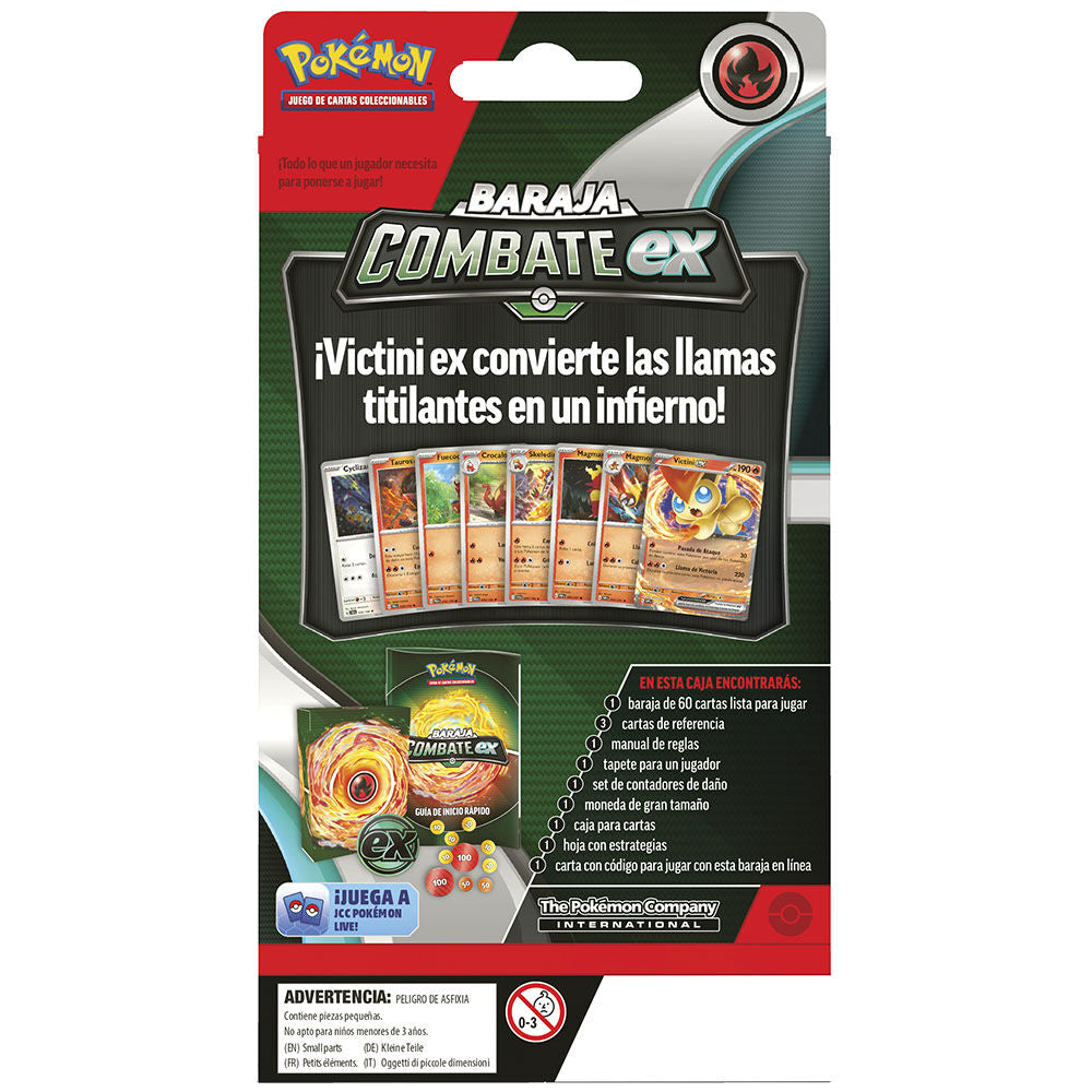 Présentation du packaging officiel POKEMON JUEGO DE CARTAS pour le deck de combat en espagnol.