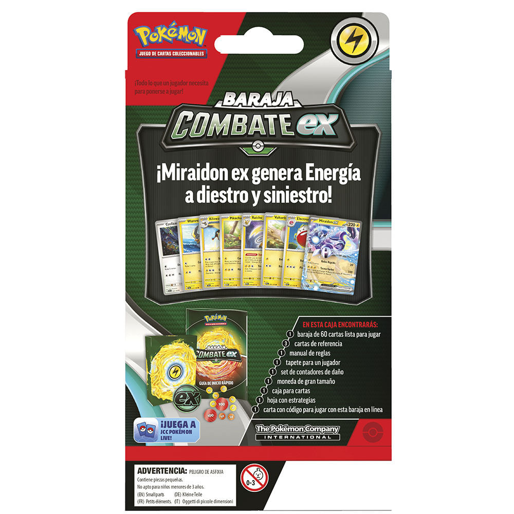 Jeu de cartes Pokémon en espagnol étalé sur une surface, montrant la variété des cartes.
