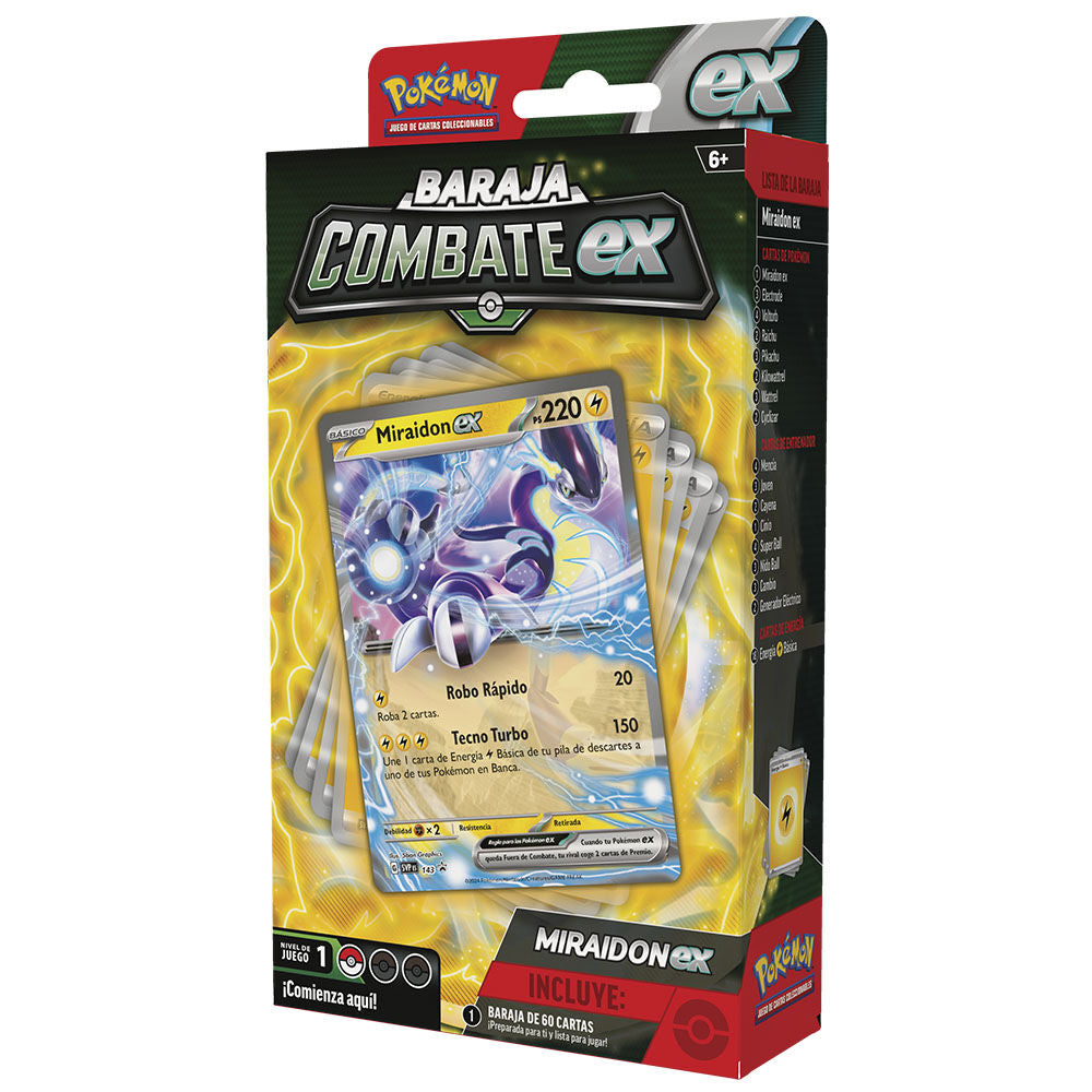 Vue détaillée du deck de combat Pokémon en espagnol avec cartes colorées et illustrées.