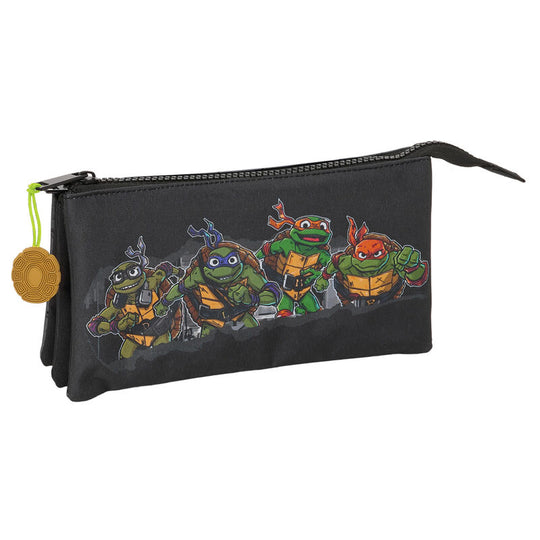 Trousse Ninja Turtles SAFTA vue de face avec trois compartiments zippés colorés et logo des Tortues Ninja