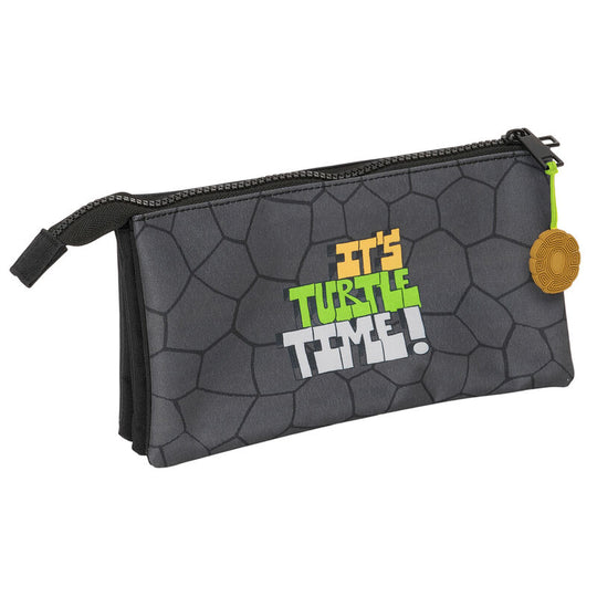 Intérieur de la trousse Ninja Turtles montrant la pochette centrale zippée et les compartiments spacieux pour stylos