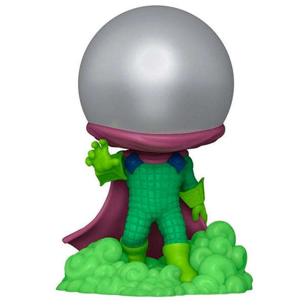 Vue détaillée de la figurine Funko POP Mysterio Marvel exclusive avec son casque et sa cape caractéristiques.