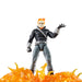 Vue latérale de la figurine Ghost Rider articulée sur ses roues en feu