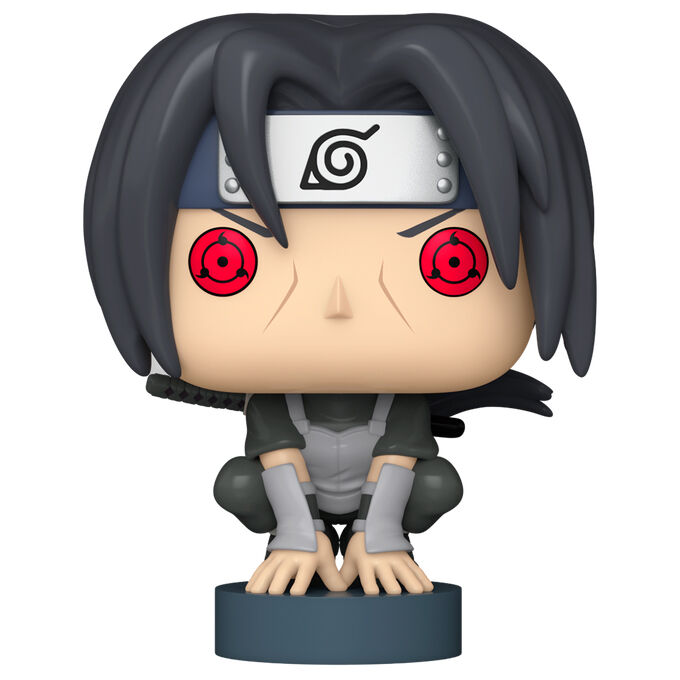 Vue rapprochée de la figurine Funko POP Itachi Uchiha avec détails précis du visage et du costume de Naruto Shippuden.