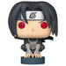 Vue rapprochée de la figurine Funko POP Itachi Uchiha avec détails précis du visage et du costume de Naruto Shippuden.