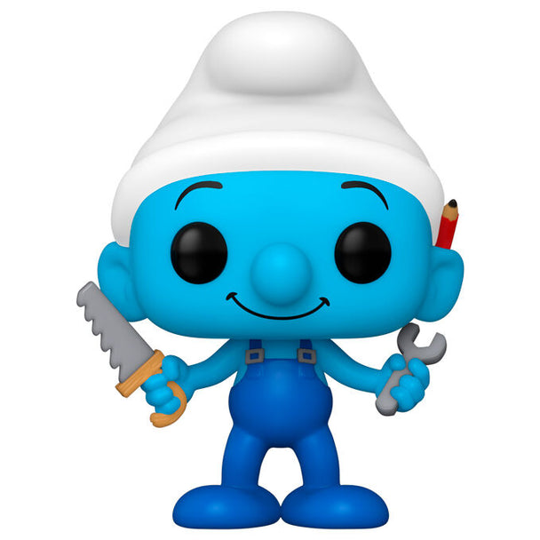 Vue rapprochée de la figurine Funko POP Schtroumpf Bricoleur avec détails colorés et emballage
