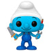 Vue rapprochée de la figurine Funko POP Schtroumpf Bricoleur avec détails colorés et emballage