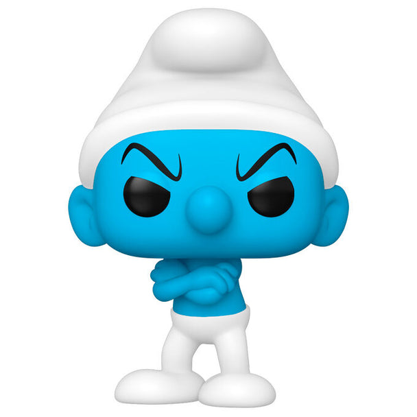 Vue rapprochée de la figurine Funko POP Le Schtroumpf Grognon montrant les détails colorés et le packaging