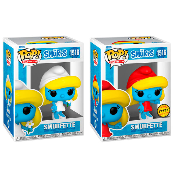 Figurine POP Smurfette des Schtroumpfs en vinyle bleu et blanc sur fond blanc