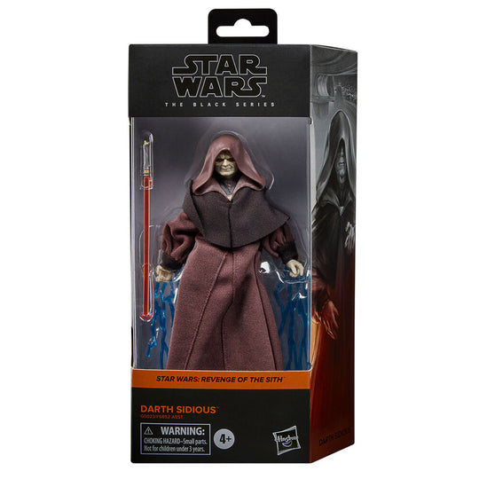 Figurine Darth Sidious 15cm articulée de la Black Series Star Wars vue de face avec accessoires