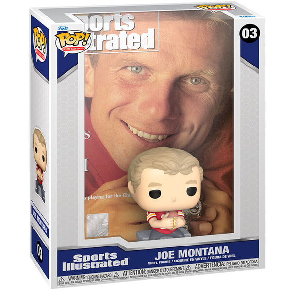 Photo rapprochée de la figurine Joe Montana POP FUNKO montrant les couleurs vives et le logo Sports Illustrated sur le socle
