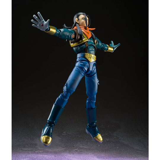 Vue latérale de la figurine Dragon Ball GT Super Android 17 avec bras articulés