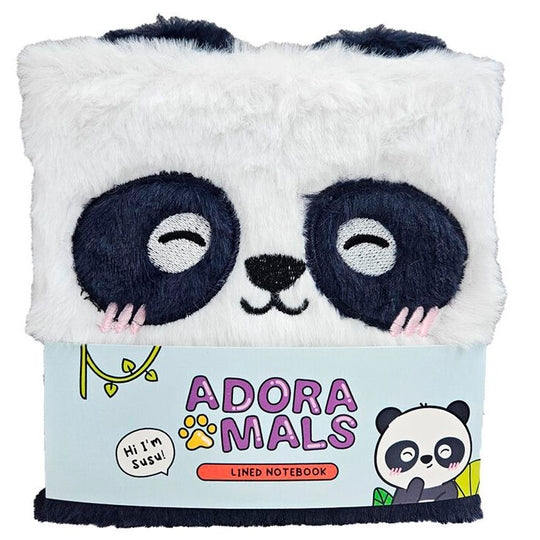 Cahier peluche panda Adoramals A5 avec couverture douce rayée, dimensions 15,5x15x2cm, de la marque PUCKATOR.