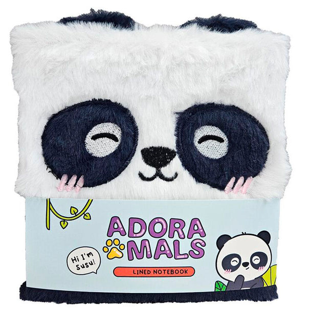 Cahier peluche panda Adoramals A5 avec couverture douce rayée, dimensions 15,5x15x2cm, de la marque PUCKATOR.