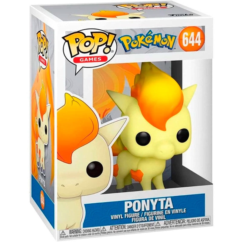 Figurine Funko POP de Ponyta Pokémon en vinyle de 9cm dans sa boîte cadeau officielle, vue de face.