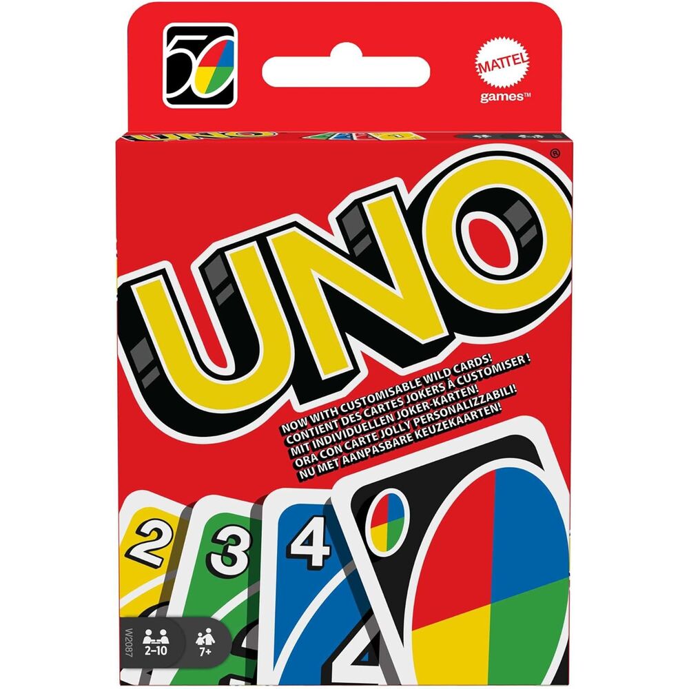 Boîte du jeu de cartes UNO Classic de la marque MATTEL avec un design coloré et attractif