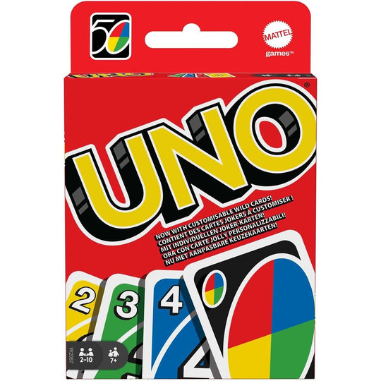Boîte du jeu de cartes UNO Classic de la marque MATTEL avec un design coloré et attractif