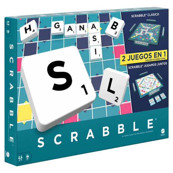 Boîte du jeu de société Scrabble en espagnol MATTEL avec illustrations colorées et logo visible