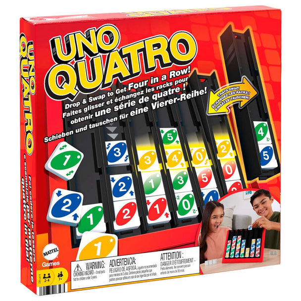 Boîte du jeu UNO Quatro de MATTEL montrant le logo et les illustrations colorées du jeu de société familial.