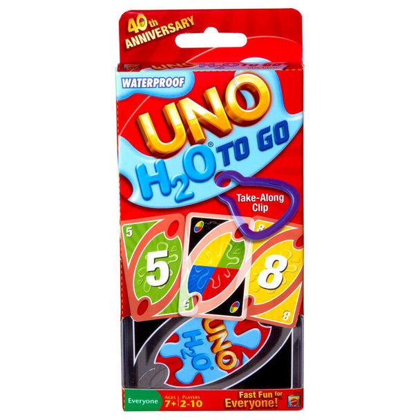 Boîte compacte du jeu de cartes UNO H2O To Go avec logo MATTEL visible, idéale pour les voyages.