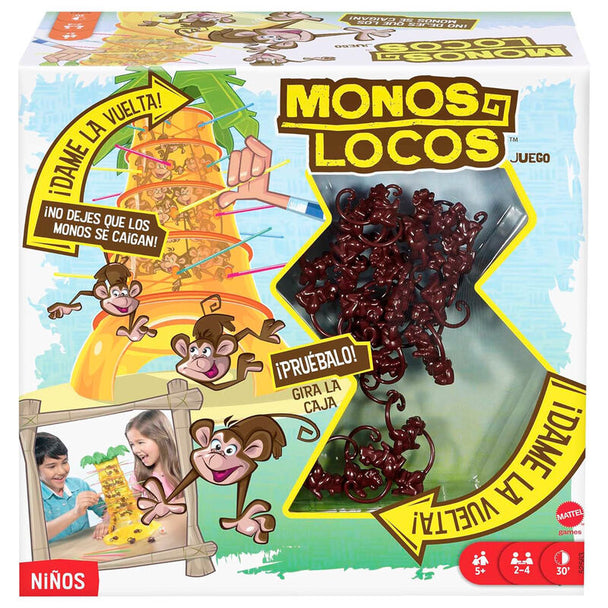 Boîte du jeu de société Monos Locos par MATTEL avec illustration colorée de singes et bâtons