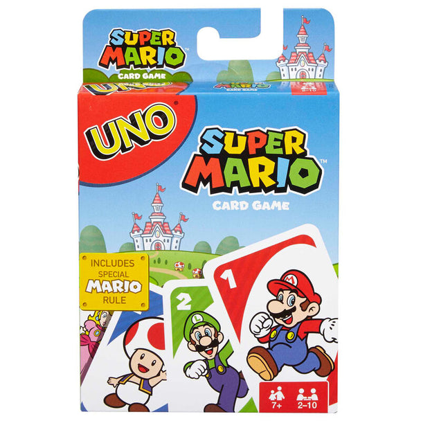 Boîte du jeu de cartes UNO édition spéciale Super Mario Bros par MATTEL, vue de face avec logo coloré.