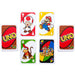 Cartes de jeu UNO Super Mario Bros montrant les personnages et symboles du célèbre univers Nintendo.