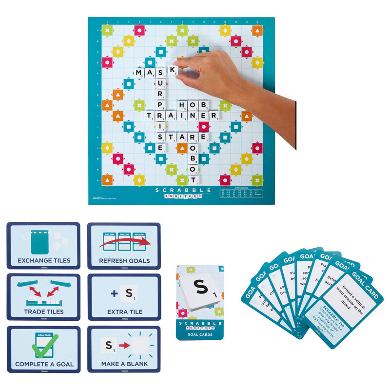 Cartes objectifs du mode Scrabble Together avec défis et instructions en espagnol
