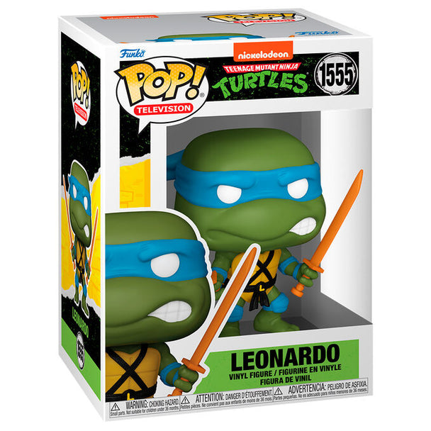 Figurine Funko POP de Leonardo des Tortues Ninja en vinyle, vue de face avec boîte cadeau