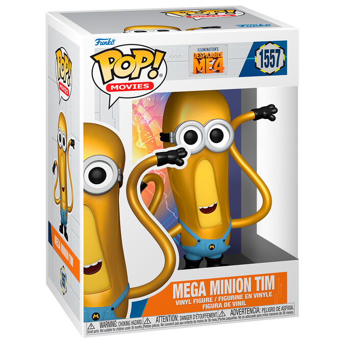 Figurine Funko POP Mega Minion Tim de 9 cm issue du film Despicable Me 4, présentée en vue frontale dans sa boîte cadeau