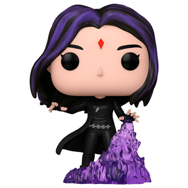 Vue rapprochée de la figurine Funko POP Raven des Titans avec détails précis du visage et costume