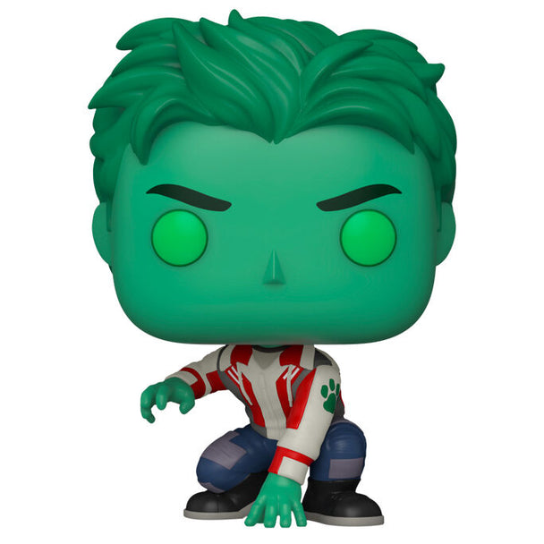 Vue rapprochée de la figurine Funko POP Beast Boy avec détails précis et finition brillante