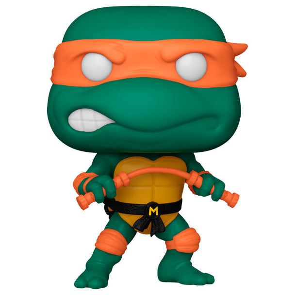 Vue rapprochée de la figurine POP Michelangelo avec son bandeau orange et son sourire emblématique