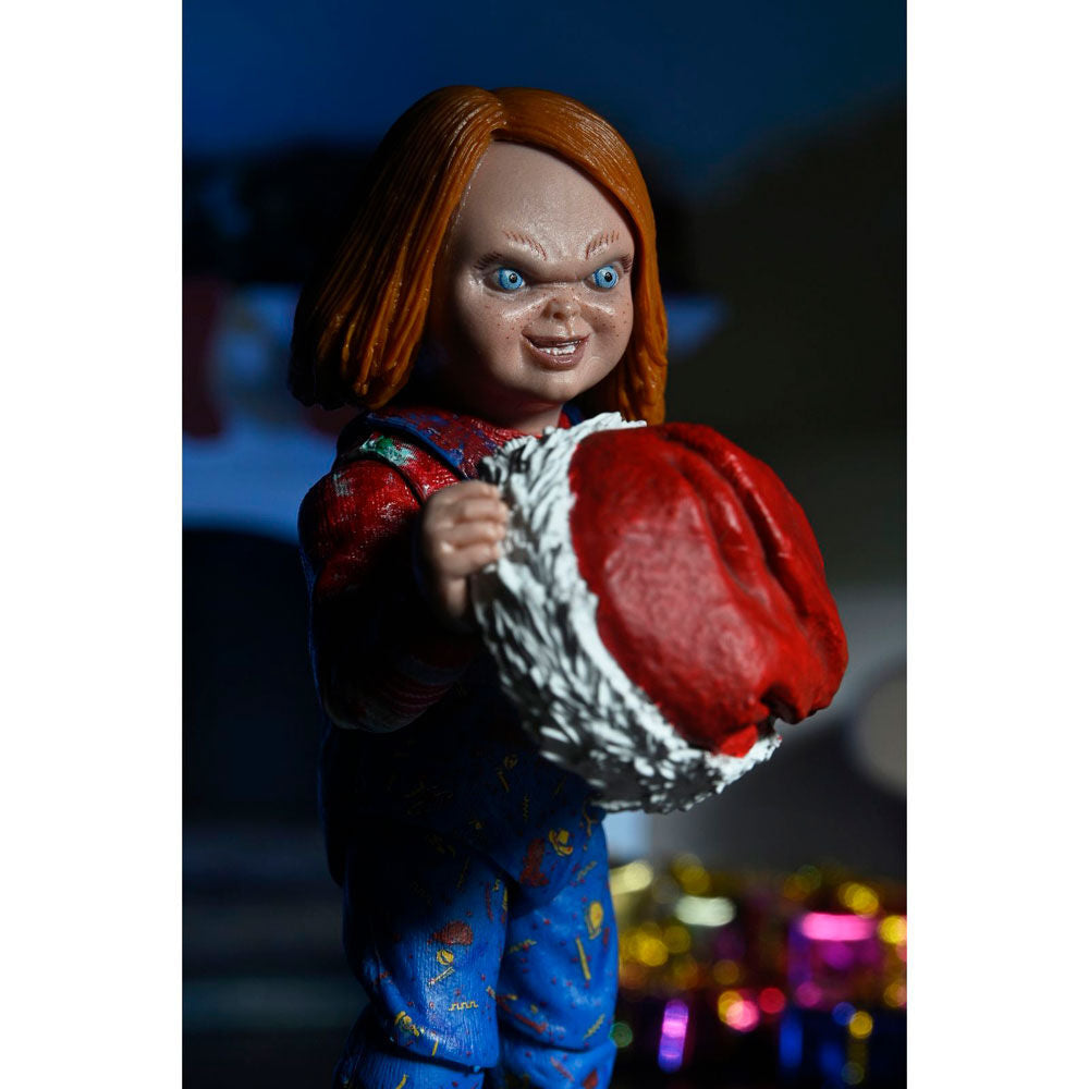 Emballage soigné de la figurine Chucky Holiday Ultimate dans une boîte avec fenêtre