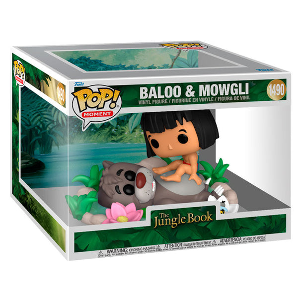 Figurine POP FUNKO Moment Disney montrant Baloo et Mowgli ensemble dans une pose emblématique du Livre de la Jungle