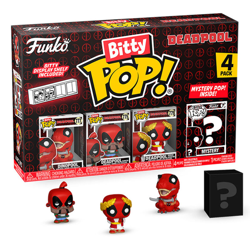 Blister contenant 4 figurines Bitty POP Marvel Deadpool Dinopool dans leur boîte acrylique transparente
