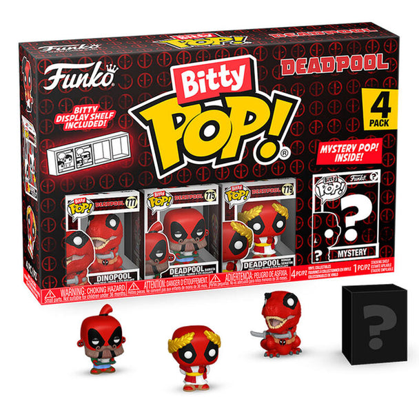Blister contenant 4 figurines Bitty POP Marvel Deadpool Dinopool dans leur boîte acrylique transparente