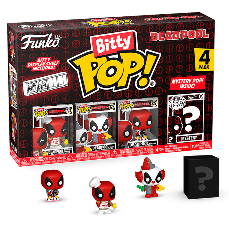 Blister contenant 4 figurines Bitty POP Marvel Deadpool Master dans des boîtiers acryliques rigides avec socles détachables