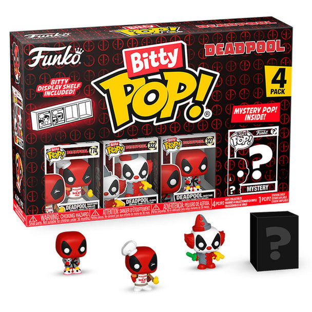 Blister contenant 4 figurines Bitty POP Marvel Deadpool Master dans des boîtiers acryliques rigides avec socles détachables