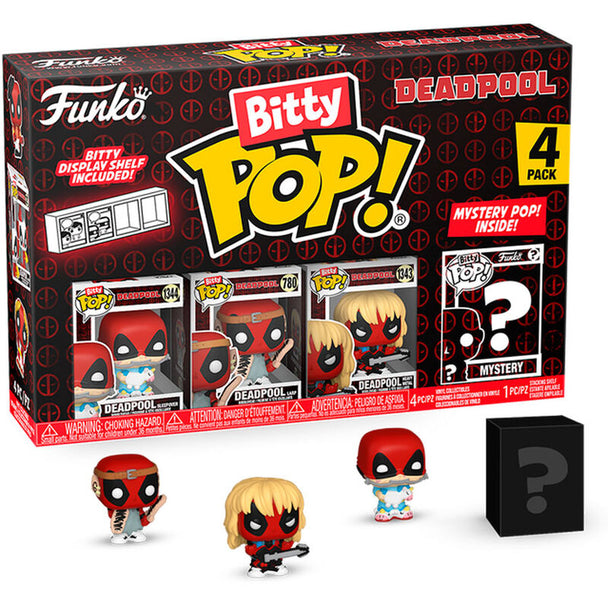 Blister contenant 4 figurines Bitty POP Marvel Deadpool Sleepover avec boîtiers acryliques rigides