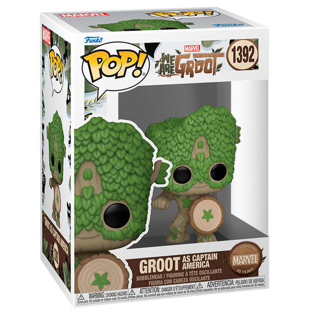 Figurine Funko POP Groot en costume de Captain America mesurant 9 cm, vue de face avec détails colorés