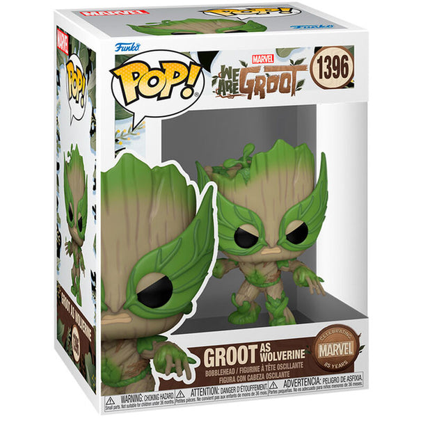 Figurine Funko POP Groot déguisé en Wolverine, vue de face avec détails colorés sur costume et visage